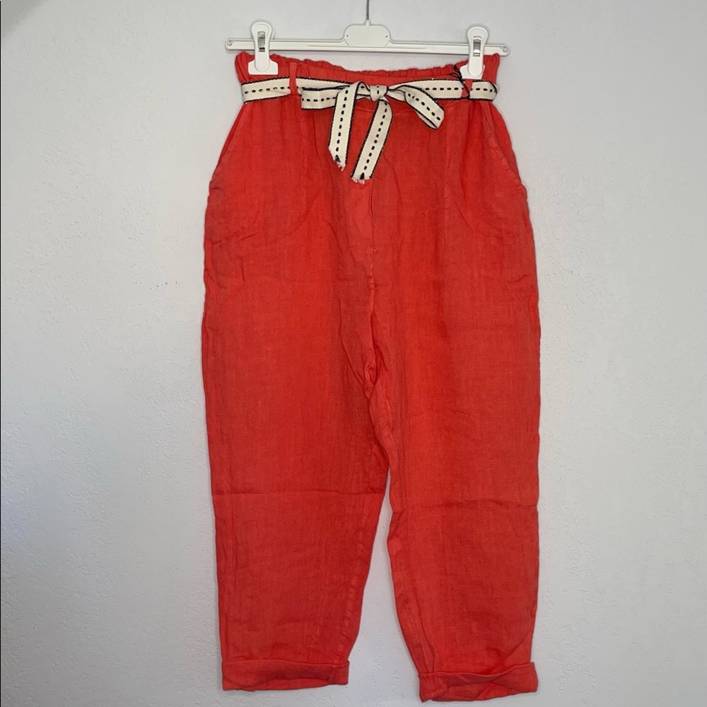 New, Made in Italy 100% Linen Tapered Trouser with Belt- red/orange